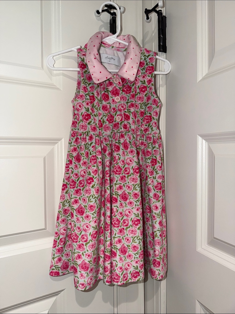 SweetHoney Pink Rose-Print Sleeveless Dress with Polka-Dot Collar